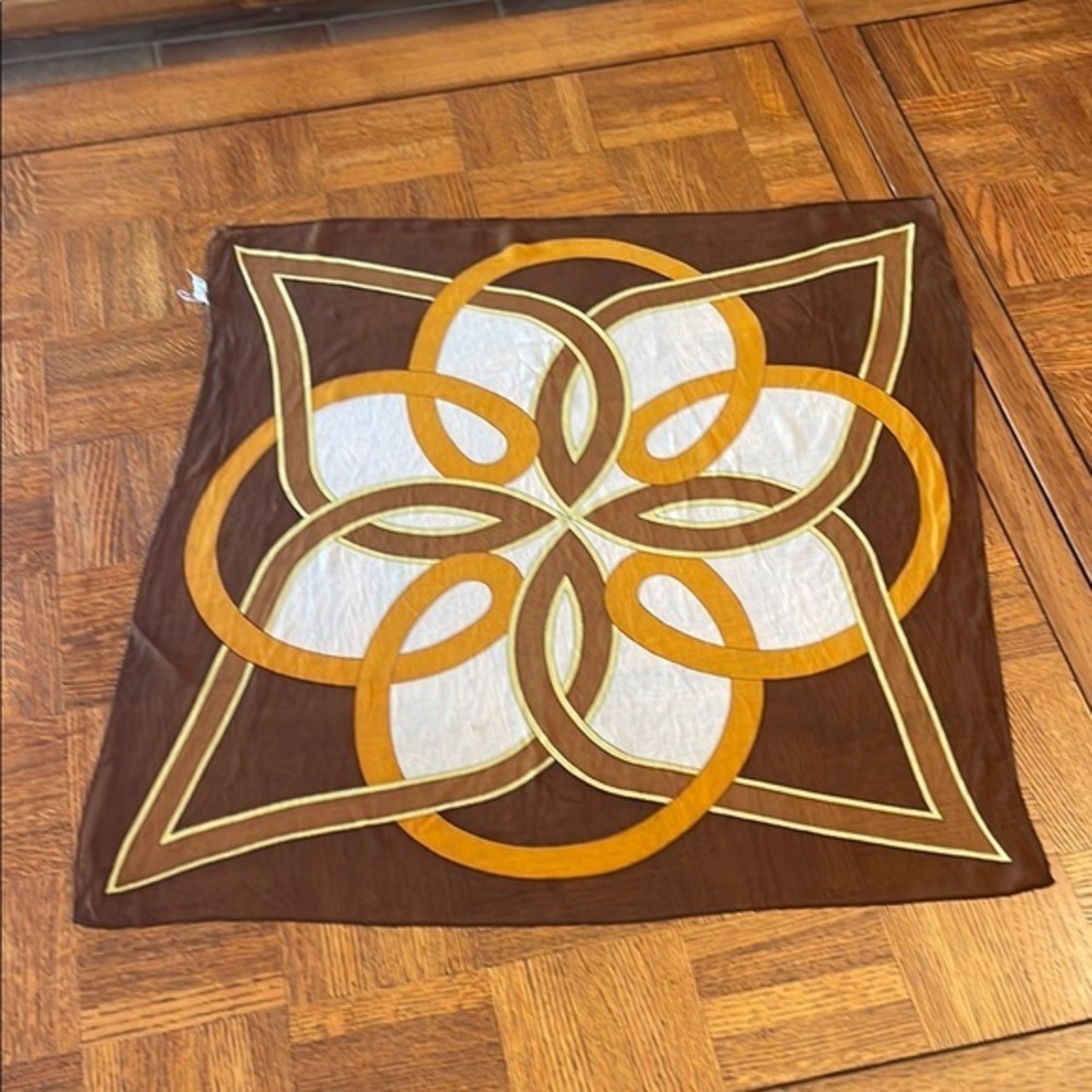 Very vintage 1970’s Rayon chiffon Brown and Orange Geometric Scarf